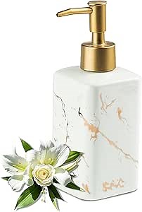 Gold Soap Dispenser for Bathroom Countertop, Square White Dish Soap Dispenser Pump Bottle with Golden Stripes for Kitchen Sink Laundry Shower Lotion, Ceramic Hand Pump for Soap Liquid