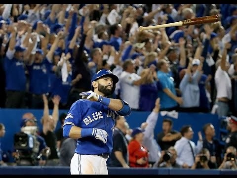Jose Bautista bat flip ALDS vs Texas Rangers after hitting home run in Game 5 on October 14, 2015