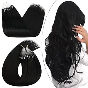 Ugeat Black Micro Bead Hair Extensions Real Human Hair Jet Black Microlink Hair Extensions Human Hair Black Micro Loop to Add Length and Volume No Damage 16 Inch 50G 50S
