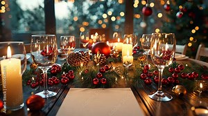 Mockup of a blank holiday menu card on a beautifully set Christmas dinner table, with candles, garlands, and festive decorations. . 4K Video