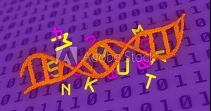 Animation of dna strand, binary coding and data processing over purple background