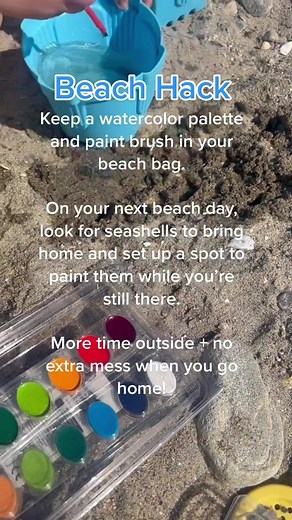 Set them up on a picnic table or your beach blanket and leave the shells out to dry. By the time youre ready to leave the beach the shells will be dry and resdy to take home! 🐚🎨🏝️💫#momhackskids #beachhack #summerfun #parenting #parentinghacks