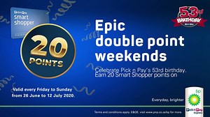 19 reactions · 25 shares | Pick n Pay is turning 53, and to celebrate BP is spoiling Smart Shoppers with epic bonus points every weekend from Friday 26 June to Sunday 12 July. That’s 20 points per litre of fuel! Simply fill up, swipe your Smart Shopper card and earn double points. It’s our gift to you. Ts & C’s apply | bp | Facebook