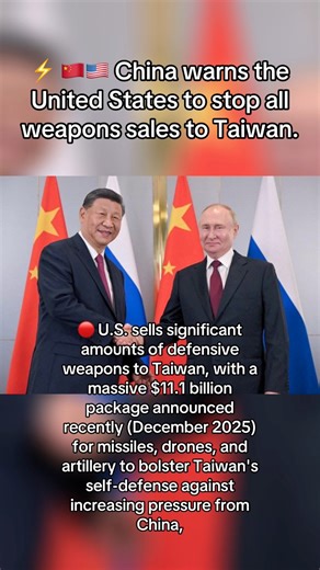 ⚡️ 🇨🇳🇺🇸 China warns the United States to stop all weapons sales to Taiwan. 🔴 U.S. sells significant amounts of defensive weapons to Taiwan, with a massive $11.1 billion package announced recently (December 2025) for missiles, drones, and artillery to bolster Taiwan's self-defense against increasing pressure from China, #breakingnews ." #news #war #jet #modi #erdogan #xijinping #caracas #maduro #brasil #japan #tokyo #newyork #ukraine #zelenskyy #trump #usa #war #world #putin #russia #world #