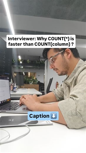 Neelesh Sharma | Engineer on Instagram: "Why is COUNT(*) faster than COUNT(column)? 1. Row-level counting vs value-level evaluation COUNT(*) operates at the row level. The engine only needs to know how many rows exist in the scan result. COUNT(column) operates at the value level — it must fetch that column’s value for every row. 2. NULL handling path COUNT(column) explicitly checks whether the column value is NULL. This introduces an extra conditional branch per row, which affects CPU efficiency