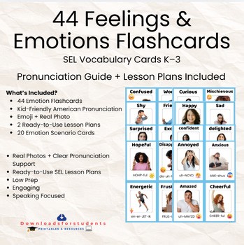 44 Emotions & feelings Flashcards with pronunciation, emojis and real pictures