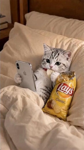 Kitten Eating Chips & Watching Phone… Then Mother Cat Appears! 😹 😂#shorts