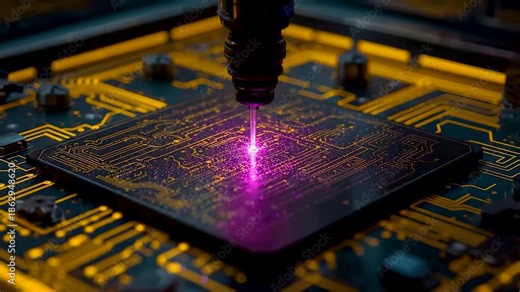 Laser processing microchip surface on electronic circuit board with precision energy beam showing advanced semiconductor manufacturing technology