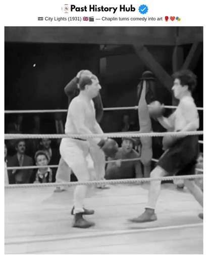 📼 Flashback 1931: City Lights 🇬🇧🎬✨💕 Charlie Chaplin turns a boxing ring into pure art 🥊🎭😀, slapstick, rhythm, and emotion over violence ❤️🌍. He wrote, directed, starred, and scored it, proving silence speaks louder than words 🎹✨. 🌹 Charlie Chaplin (1889–1977) 🎥 Watch it and feel the magic! #flashbackrewind 📷 #silentfilm #comedy😀 #pasthistoryhub | Past History Hub