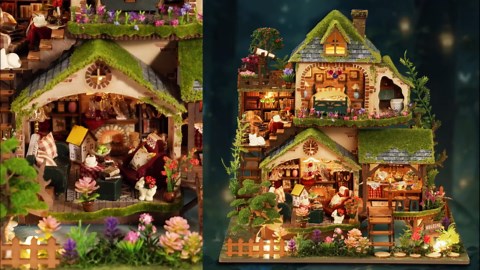 ISSEVE DIY Miniature House Kit, Tiny House Dollhouse Kit for Adults, Mini House Building Kits, Miniature Kit Adult Craft Diorama Kit Home Bookshelf Decoration, Gifts for Birthday (Forest Adventure)