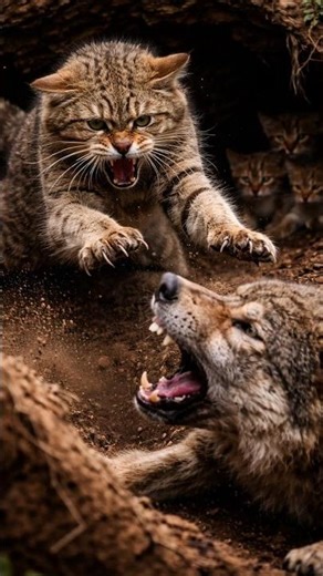 Brave Mother Wildcat Fights Two Wolves to Save Her Kittens | Incredible Wildlife Moment