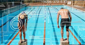 Opening shot swimmers crouching on starting blocks with technology overlay and preparing start cue