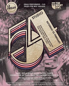 113 reactions · 19 comments | Experience the magic of the iconic Studio 54✨ Step back in time to the Disco-era where NYC's Studio 54 reigned supreme. Immerse yourself in nostalgia as we bring you live drag performances, disco & boogie classics all night long and an exclusive red carpet experience  Book today! | The Night Owl | Facebook