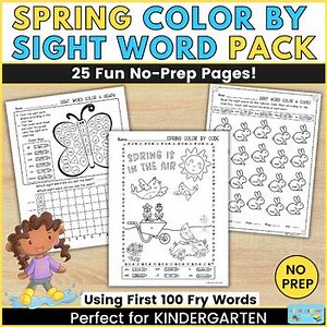 Spring Color by Sight Word Activities, Kindergarten Color By Code Sight Words