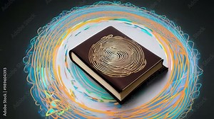 A swirling vortex of darkness shapes an ancient magic book, revealing secrets and mysteries within a realm untouched by time. The atmosphere is charged with arcane energy.