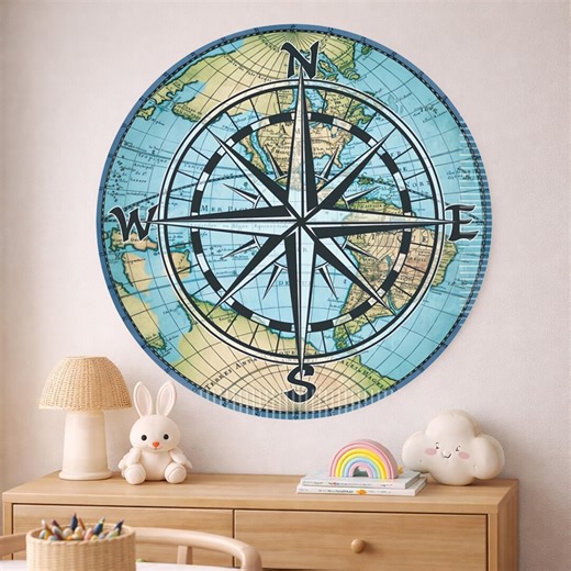 Vintage Compass World Map Round Glass Mirror, Nautical Travel Theme Wall Decor - Etsy