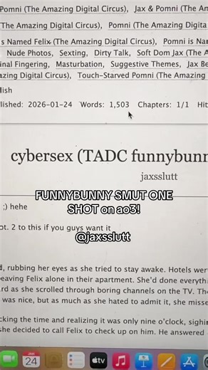 this was a suggestion 😚 “cybersex” (TADC funnybunny human AU) #ao3 #theamazingdigitalcircus #tadc #smut #ao3 sorry I haven’t been present lately, I am so very sad!!! 🤡