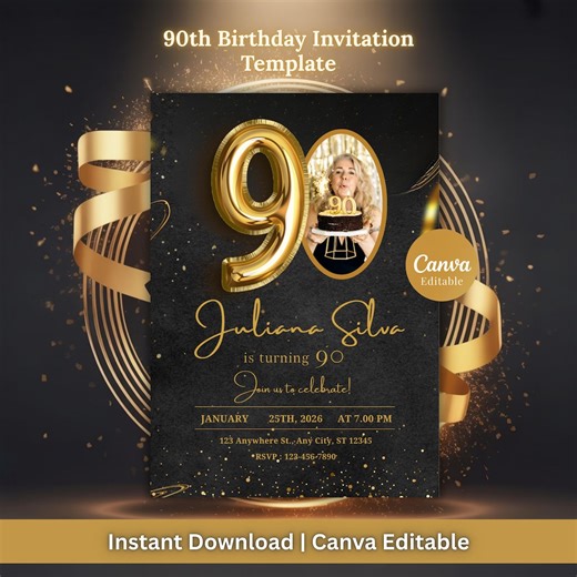 90th Birthday Invitation Template, Gold Balloon Birthday Invite With Photo, Editable Canva Party Invitation, Instant Download - Etsy Canada