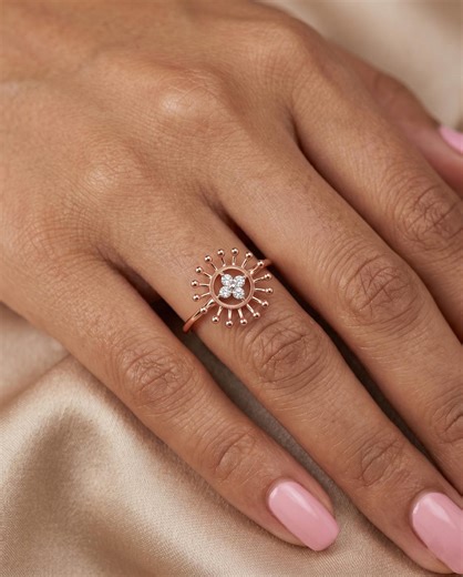 10K Rose Gold Lab Grown Diamond Sunburst Ring, Floral Cluster Statement Ring, Unique Dainty Gift Jewelry for Women Elegant Style - Etsy