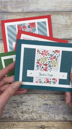 This is a fun and simple card layout which you can use over and over again with any patterned papers you have on hand. It works perfect for using up scraps. The layout features two pieces of patterned paper cut at 1 x 3 inches. The middle piece is 2 x 3 inches. Everything is adhered across a 3-1/2 x 4-3/4 inch piece of white cardstock. Give it a try with the supplies you have on hand! #cardmaking #cardideas #stampinup #stamptasticdesigns #simplestamping #simplecards #stamping | Stamptastic Desig