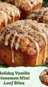 Holiday Vanilla Cinnamon Mini Loaf Bites Makes: 10–12 mini loaf bites (or muffins) Ingredients Vanilla Loaf Batter 2 cups all-purpose flour ¾ cup granulated sugar 2 teaspoons baking powder ½ teaspoon baking soda ½ teaspoon salt 1 teaspoon cinnamon ½ cup unsalted butter, melted 2 large eggs ¾ cup milk or buttermilk 2 teaspoons vanilla extract Cinnamon Sugar Swirl ⅓ cup brown sugar 1½ teaspoons ground cinnamon Crumb Topping ½ cup all-purpose flour ¼ cup brown sugar ¼ cup cold unsalted butter, cube