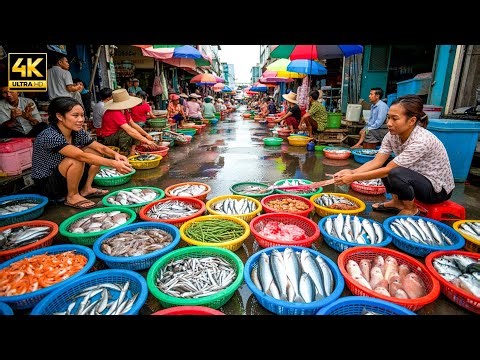 Busy Morning Market in Cambodia Fresh Fish, Vendors & Street Life