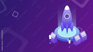 Isometric business startup launching process animation and infography. Modern flat design animated concept. Rocket space ship taking off video.