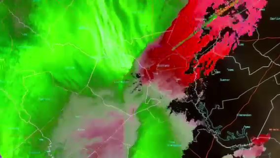 Velocity loop from NWS Columbia radar showing the cold frontal boundary and strong winds behind it. | US National Weather Service Columbia South Carolina