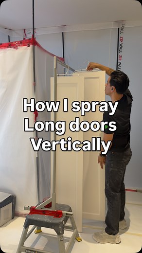 How I spray long doors vertically onsite✔️ This method has worked for my brother @thepainterottawa and myself for many years with our 5-Day kitchen cabinet painting system. #5daycabinetpainting #zelayabrothers #cabinetpainting #cabinetrefinishing #kitchenmakeover #kitchencabinets #paintingcontractor | Cabinet Trade Painting Inc.