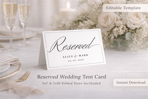 Reserved Table Tent Card Template | Folded Wedding Reserved Sign | Printable 5x7 & 7x10 Place Card | Minimalist Wedding Table Sign - Etsy