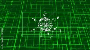 Upon activation, neon grid spawning wireframe sphere detaching nodes, orbiting core forming network