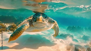 Sea turtle swimming in blue ocean. Beautiful Marine life tropical turtle in wild nature. Sea turtle slowly swimming in blue water through sunlight. Scuba on wildlife. Underwater serene swimming 4k