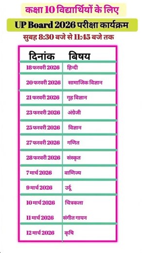 UP Board 10th, Exam Date 2026 [OUT] Time Table || Class 10 Up board exam 2026 Date sheet #shorts