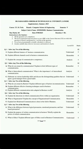 Exam question paper | Business Communication question paper | dbatu university #dbatu #paper