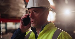 Businessman, helmet and contractor with phone call in logistics for stock control or quality assurance at warehouse. Young man or employee talking on mobile smartphone in supply chain for shipment Stock Video