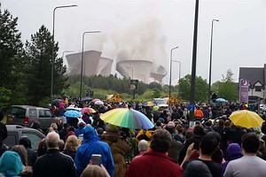 Former power station’s cooling towers demolished in controlled explosion
