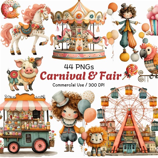 Watercolor Vintage Carnival Clipart Bundle: Whimsical Fair Graphics (digital Download - 44 Pngs, 300 DPI) - Etsy
