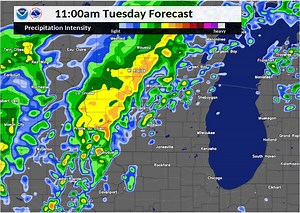 Here is a simulated radar forecast of the potential severe weather event today. As you can see we expect a line of storms to push through southern Wisconsin today primarily during the afternoon hours. These storms are expected to become strong with the main risk for any severe weather being winds with some potential for a few isolated and short-lived tornadoes. | US National Weather Service Milwaukee/Sullivan Wisconsin
