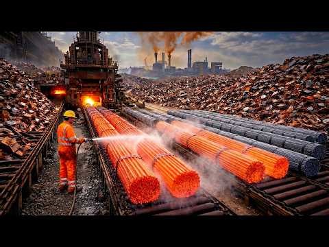 Inside a Massive Scrap Metal Recycling Factory: From Waste to Strong Steel Rods (Full Process)