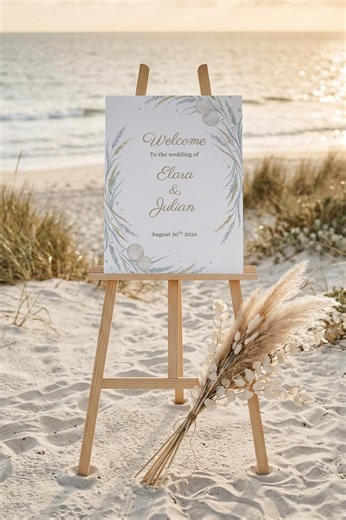 Wedding Welcome Sign Template | Sand Dollar Sea Grass Wreath Canva | Elegant Coastal Poster | Editable 18x24 24x36 Instant Download - Etsy