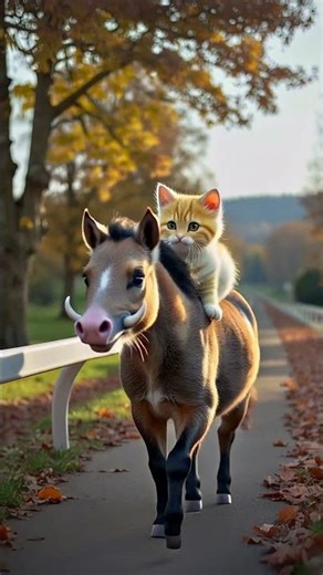 🐗✨ Adventure Buddies: Kitty Rides a Boar Piggy Horse Through Autumn Woods 🍂🐱