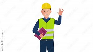 2D Illustrated construction maintenance worker vector character waving hand and smiling animation. On white background.