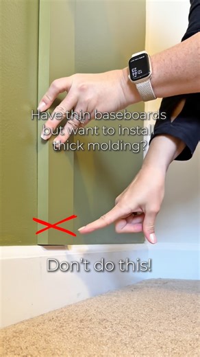 Katie Sharpe | DIY Tutorials | Home Decor | Interior Design on Instagram: "DIY molding hack Do you have thin baseboards but want to install thick molding on your walls? Instead of having the molding overhang, or having to change your baseboards, just get some cove molding! Attach it to your baseboards and then attach your molding on top! It makes for a seamless transition! This is my favorite hack when installing an accent wall! #diyhacks #tutorials #simpletutorial #diy #diyskillshare #simplediy