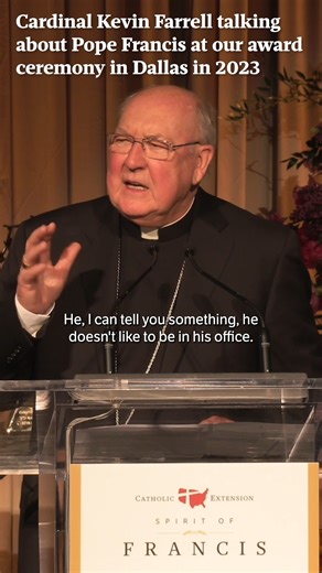 Cardinal Kevin Farrell, when receiving our Spirit of Francis Award two years ago, spoke fondly of Pope Francis' love of St. Peter's Square and being among the people. Learn more about Cardinal Farrell, the camerlengo, as he prepares for the upcoming conclave: https://cathext.in/4iJFpeK | Catholic Extension Society