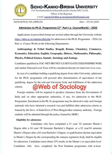 Sidho-Kanho-Birsha University PhD Admission 2026 | Eligibility, Dates, Fees & Process l SKBU PhD l