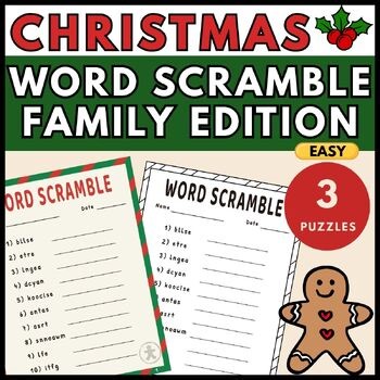 Christmas Word Scramble | Easy Family | 3 Sets, 10 Words (Ages 4–8)