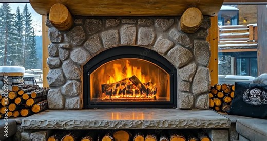 A cozy stone fireplace with burning logs creates a warm and inviting atmosphere in a rustic cabin interior.