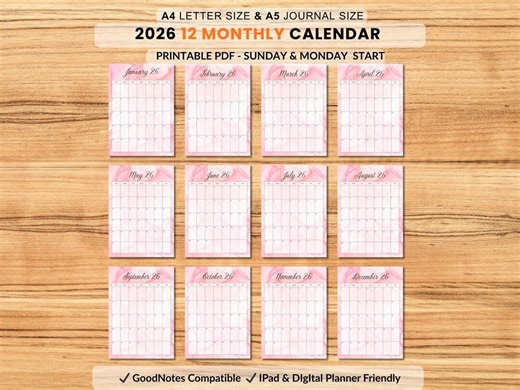 2026 Monthly Calendar | Printable Calendar 12 Monthly | A4 & A5 Sizes | Minimal Pink Calendar | Sunday Monday Start | 12 Month Planner Pages - Etsy
