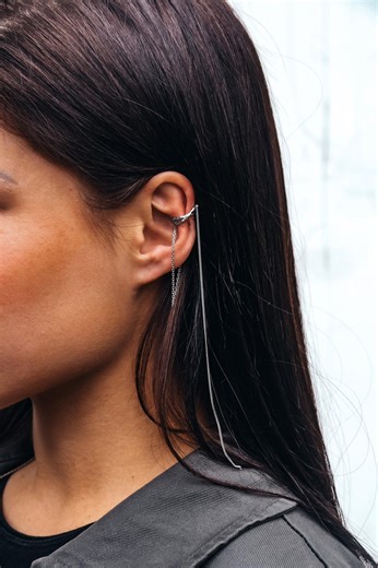 Sterling Silver Long Chain Ear Cuff, Rhodium Plated No Piercing Cartilage Wrap, Dangle Chain Helix Earring, Bridal Gifts, Big Sister Gift - Etsy