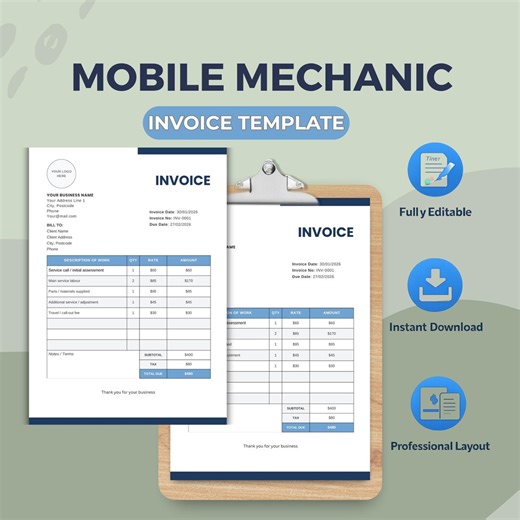 Mobile Mechanic Invoice Template | Auto Repair Invoice | Editable PDF & Canva | A4 + US Letter - Etsy
